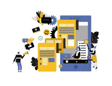 Vektör düz stil illüstrasyon, çevrimiçi haberler, sosyal ağlar, bilgi araması, şirket haberleri, internet üzerinden sanal iletişim