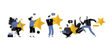 En iyi performans tahmini, 5 puan. İnsanlar geri bildirim ve yorumlar bırakırlar, başarılı iş en yüksek puandır. Vektör illüstrasyonu düz moda mavi renkler