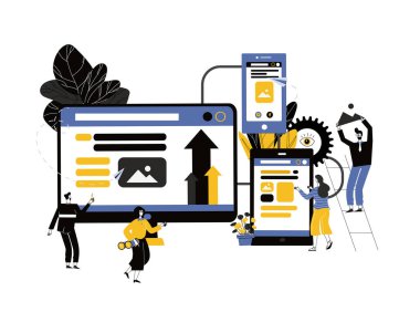 Web sayfası tasarımı ve mobil web sitelerinin geliştirilmesi kavramının vektör illüstrasyonu, vektör illüstrasyonu, küçük insanlar bir web sitesi, uygulamalar, v aktarımı üzerinde çalışıyorlar
