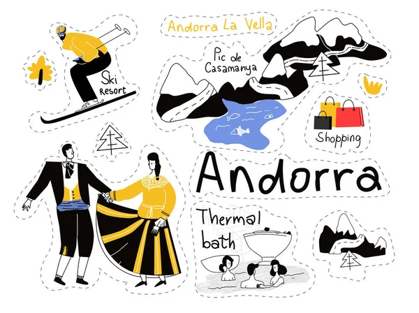 Andorra Pictogrammen Set Stickers Andorra Vella Reis Oriëntatiepunt Symbolen Land — Stockvector