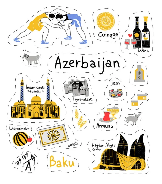 Азербайджанские Иконы Наклеивают Наклейки Баку Путешествия Ориентир Символы Страны Дизайн — стоковый вектор