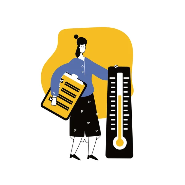 Vektor Flache Cartoon Illustration Der Figur Frau Mit Großem Thermometer — Stockvektor