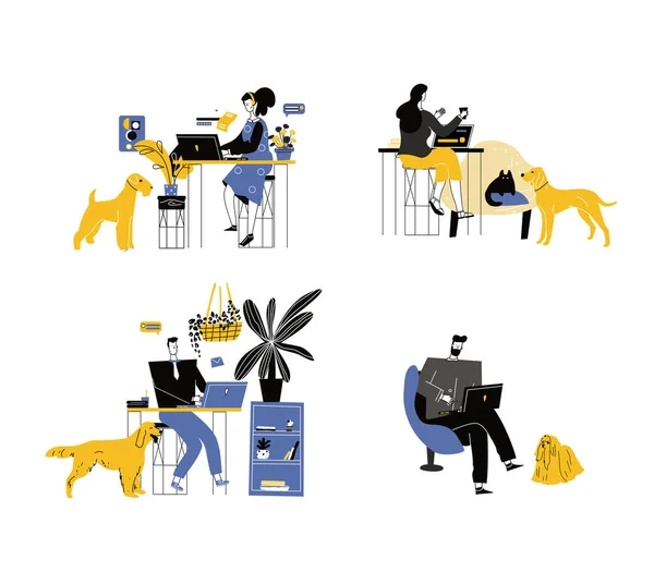 Trabajar Casa Con Mascotas Espacio Coworking Ilustración Conceptual Jóvenes Hombres — Archivo Imágenes Vectoriales