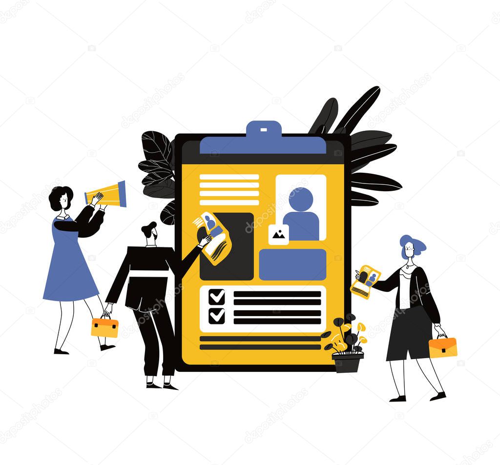 application form for employment. people select a resume for a job. vector small characters recruitment agency. claim form.Recruitment Concept for web page, banner, presentation, social media, documents, cards, posters. Flat style Vector cartoon illus