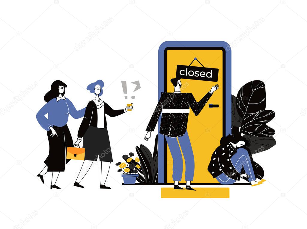 Concept Of Business People Standing In Front Of A Closed Door With Closed Sign Problem Confusion Questions Cartoon Flat Vector Illustration In Modern Style Premium Vector In Adobe Illustrator Ai