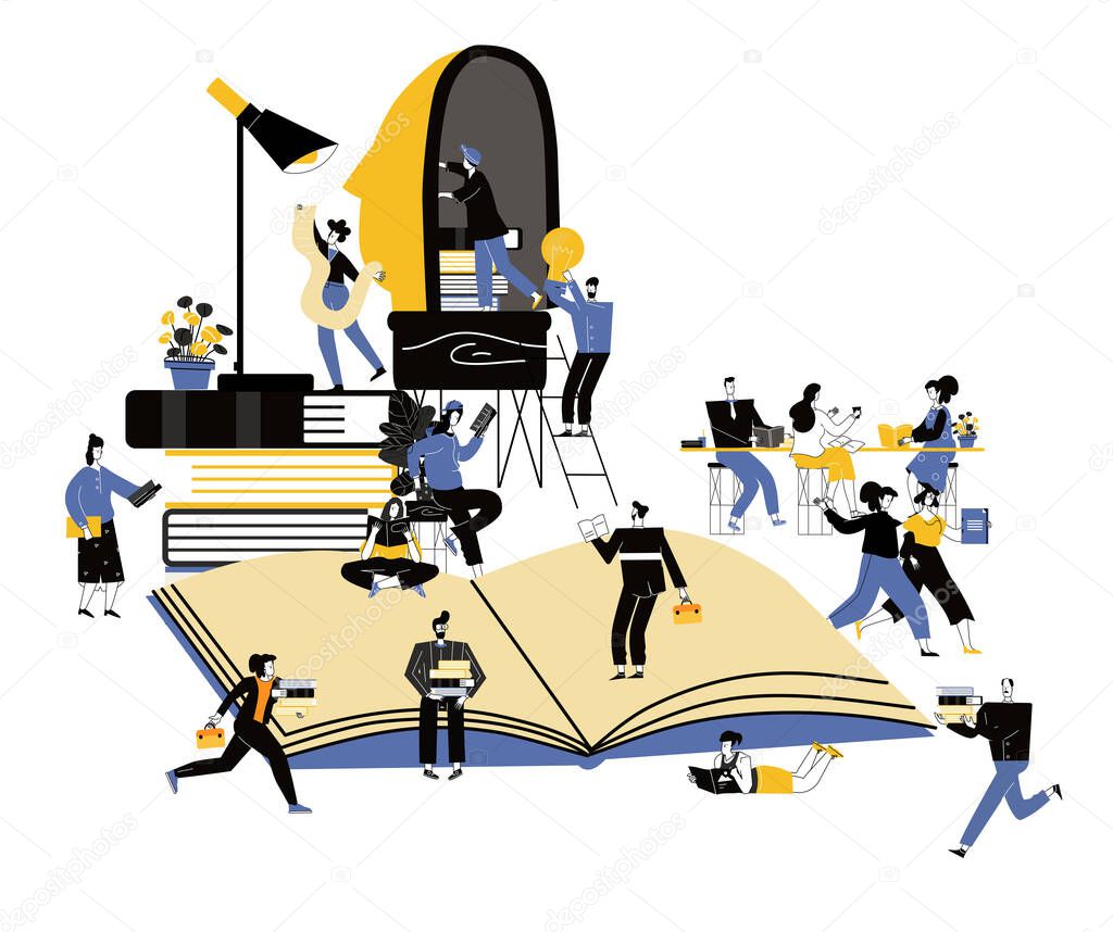 Cute small people reading giant textbooks, fairytales, science fiction. Concept of  readers at library, literature lovers or fans,book world. Colorful trendy vector illustration in modern flat cartoon style