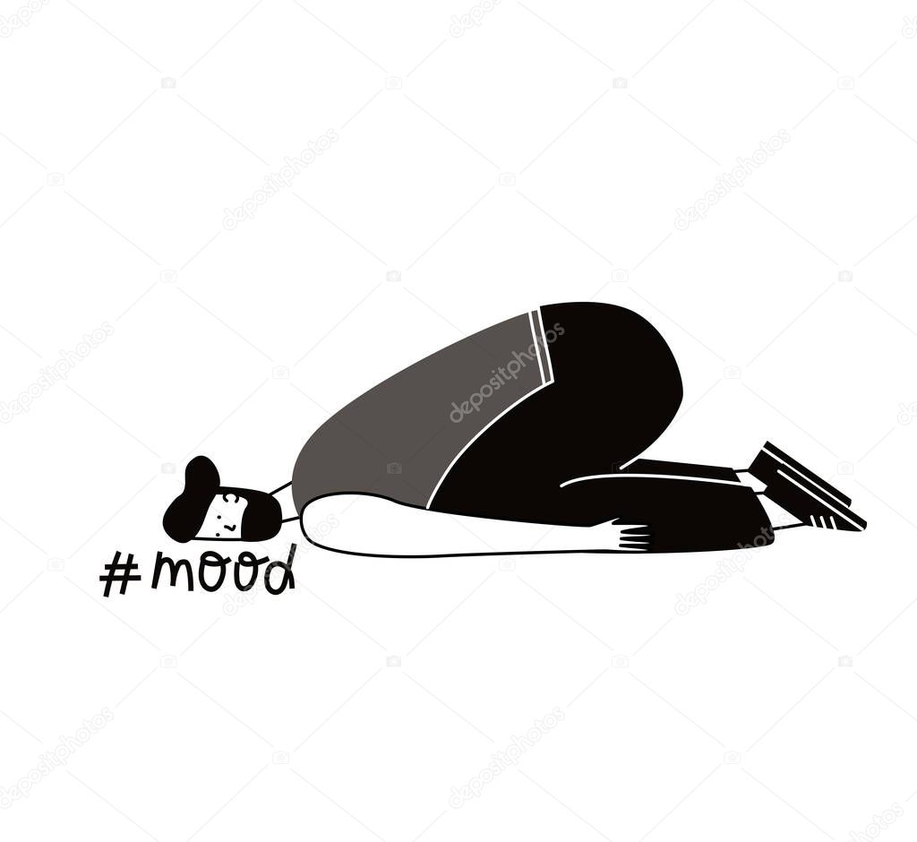 Emotional burnout man lying on the floor,tired businesswoman with low battery,emotional burnout concept.Hard work.Vector illustration