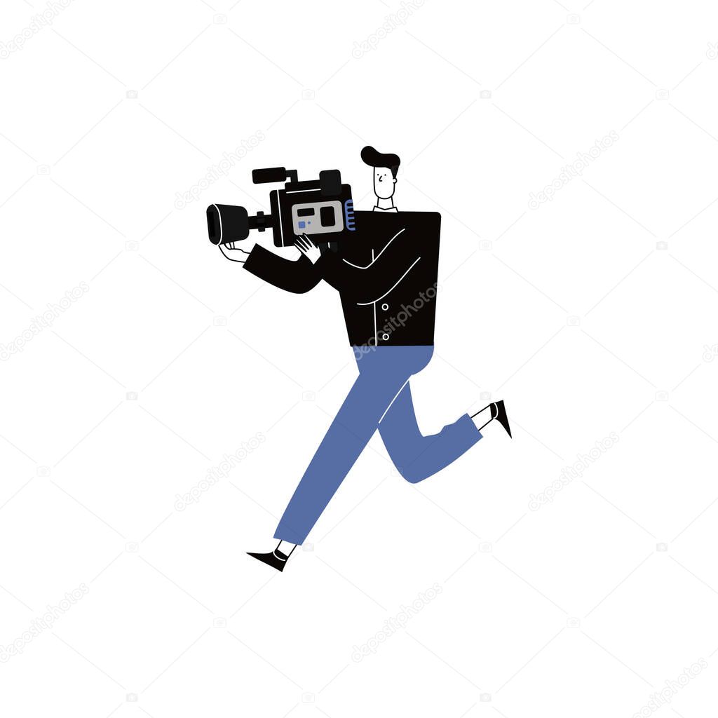 News presenters and cameramen or videographers with cameras isolated on white background. Vector illustration in flat cartoon style.