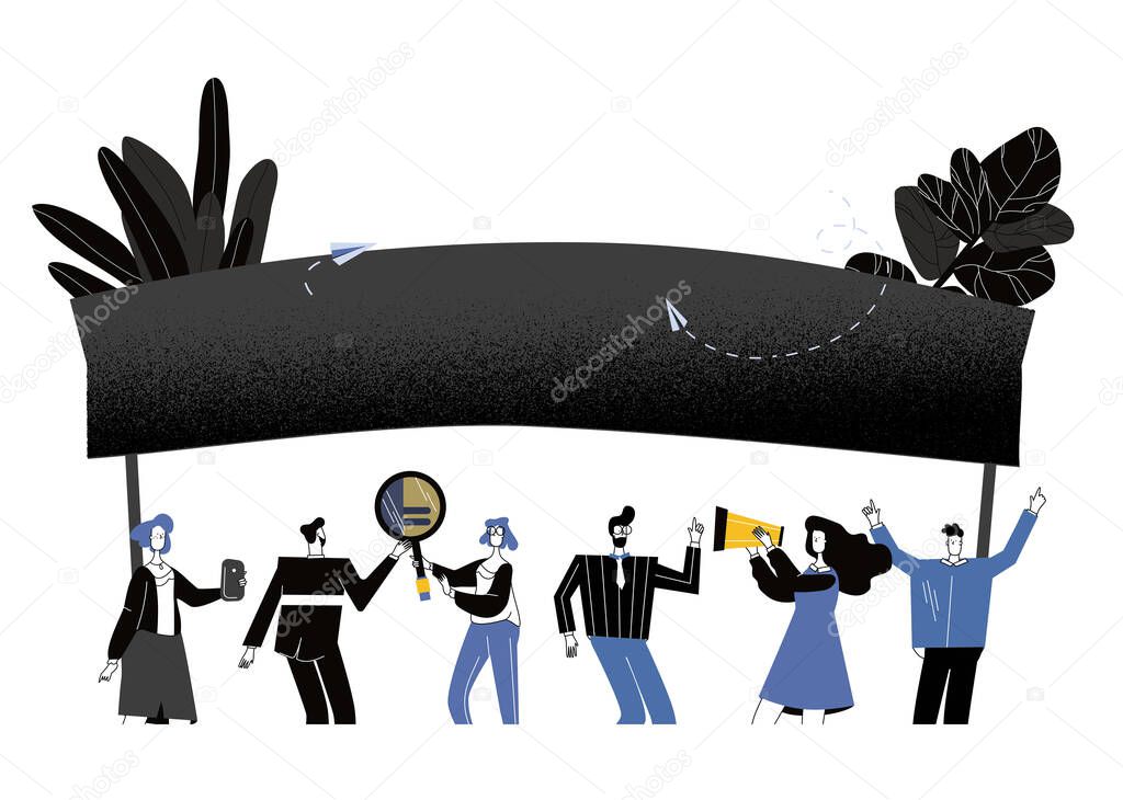 People holding banners and posters. Men and women take part in political rallies, parades or rallies. Vector illustration