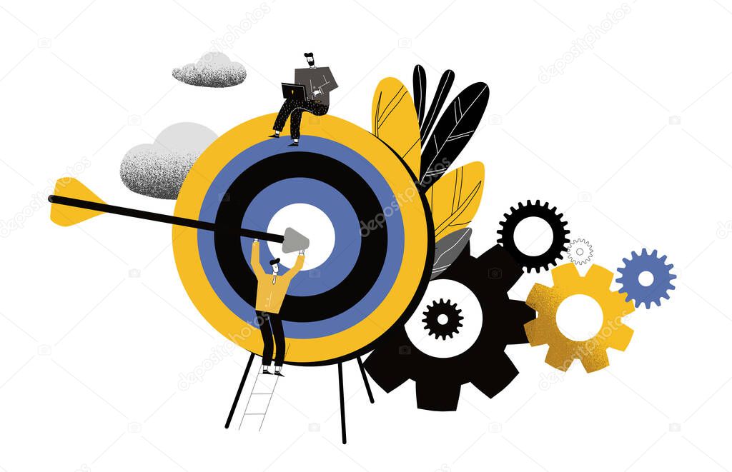 Man run to goal ,move up motivation, the path to the target's achievement. Concept of innovation in business, winning strategy, efficiency. Modern flat cartoon vector illustration.