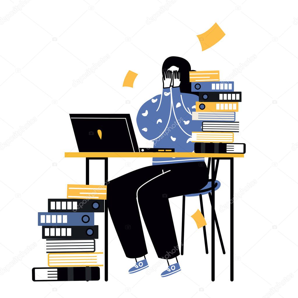 Emotional burnout woman sitting at her working place with computer in office,tired businesswoman with low battery,emotional burnout concept.Hard work.Vector illustration