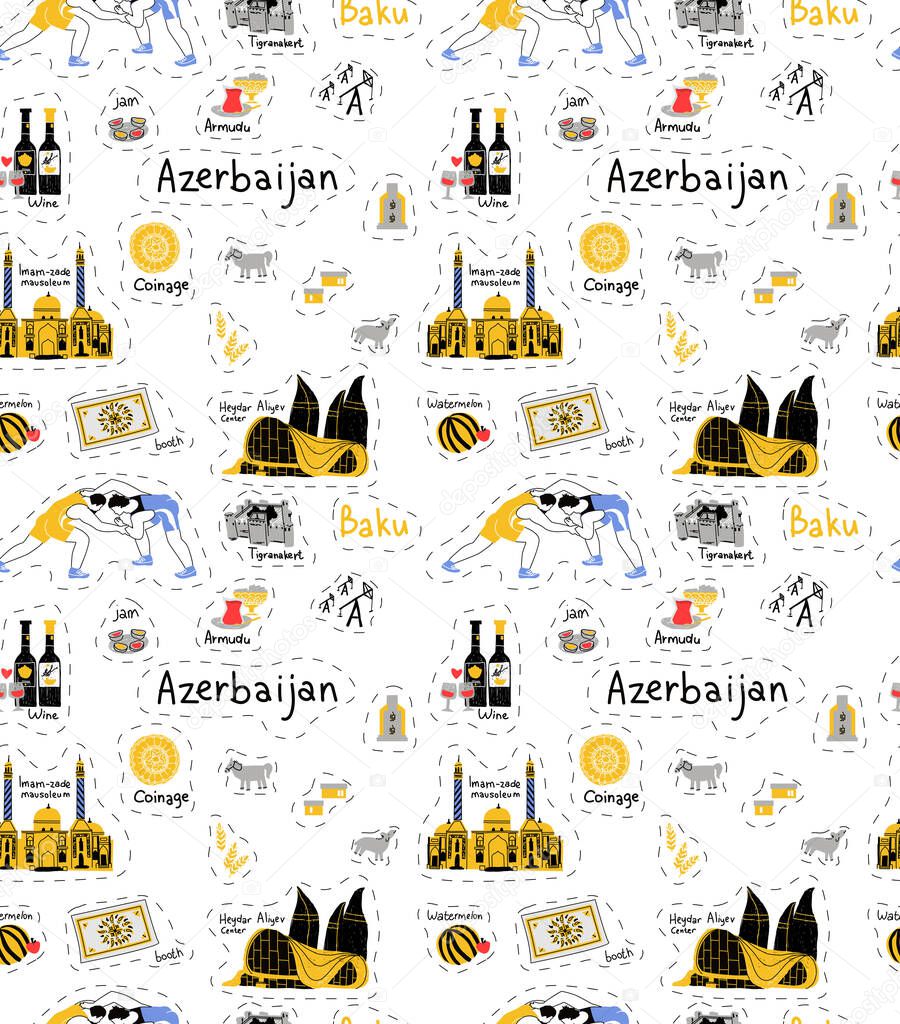 Azerbaijan icons set stickers. Baku journey travel landmark. Symbols country. Stickers design. Doodle elements for the invitation, greeting card, banner. Isolated vector illustration.