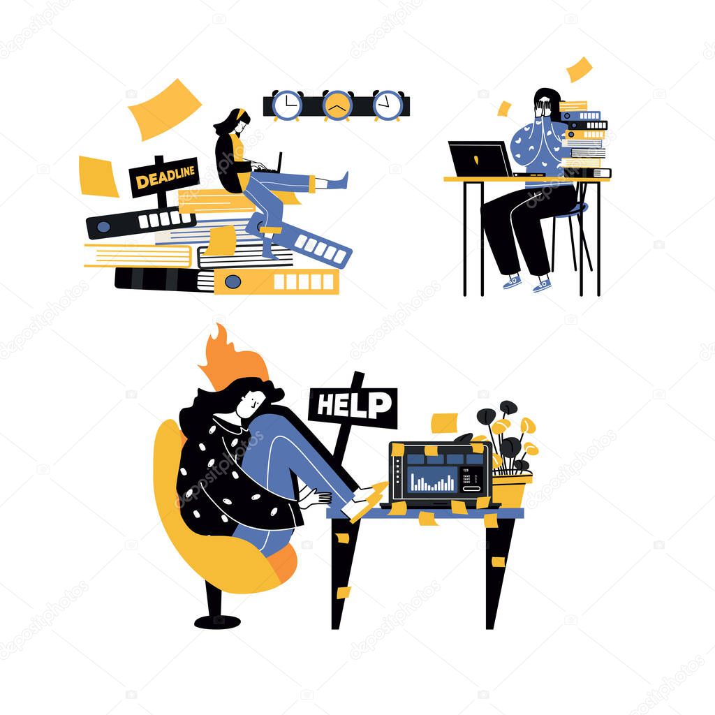 set of Emotional burnout people sitting at her working place with computer in office,tired businesswoman with low battery,emotional burnout concept.Hard work.Vector illustration