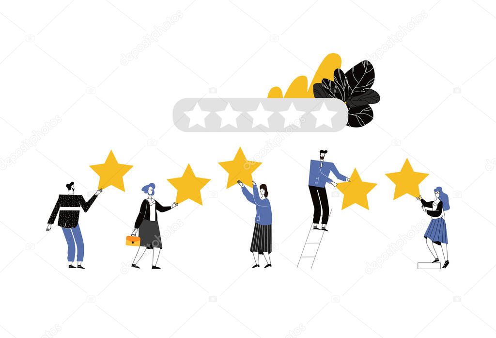 Vector cartoon illustration of Five stars satisfy rating concept. People are holding stars over the heads. Users and client users rate the product. Tiny character on white background.