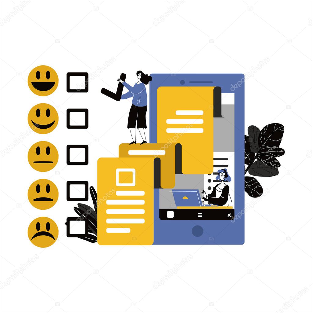 Vector flat illustration Emotional feedback with emoticons and checklists on smartphones vector illustration concept,the best estimate of performance. people leave feedback and comments, successful work is the highest score.