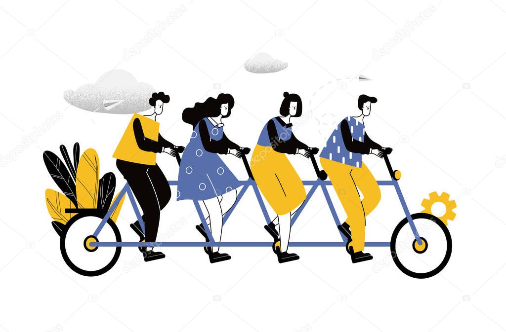 Group of happy people or friends riding tandem bicycle or quint. Young men and women pedaling quintbike isolated on white background. Colorful vector illustration in flat cartoon style.