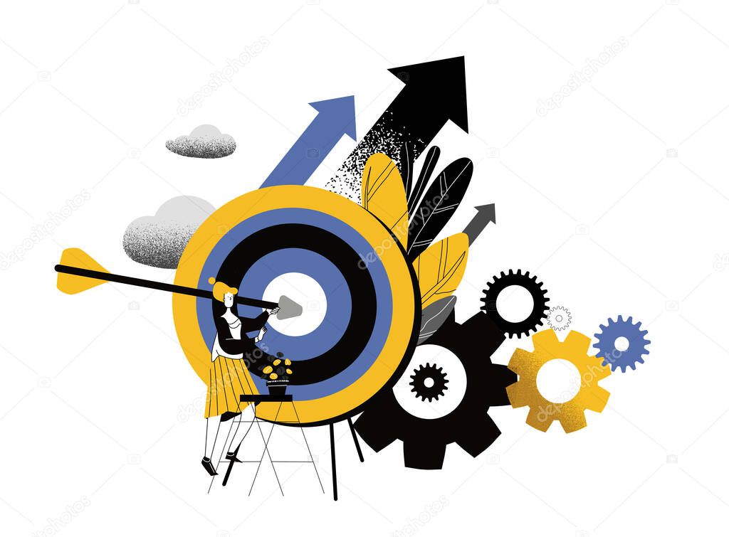 Woman run to goal ,move up motivation, the path to the target's achievement. Concept of innovation in business, winning strategy, efficiency. Modern flat cartoon vector illustration.