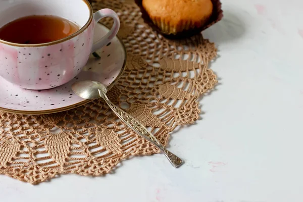 Uma Xícara Chá Guardanapo Malha — Fotografia de Stock