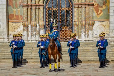 RUSSIA, MOSCOW, KREMLIN. - August 18, 2018: The ceremony of guard mounting of the presidential regiment clipart