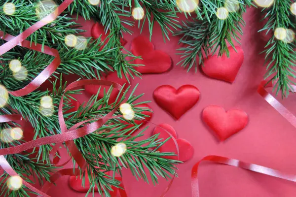 Natural Branches Christmas Tree Blured Red Hearts Red Background Copy — Stock Photo, Image