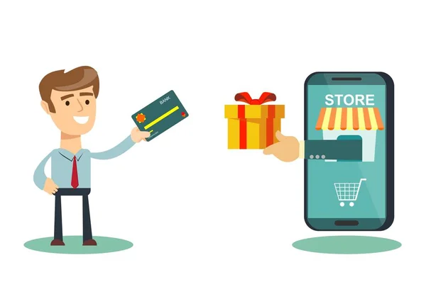 Happy businessman use credit card to shopping online and receive a gift box from smart phone.