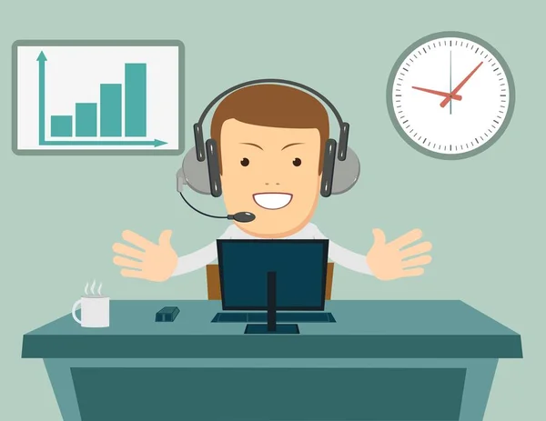 Operador masculino sonriente con auriculares trabajando en el centro de llamadas. Concepto de servicio al cliente . — Vector de stock