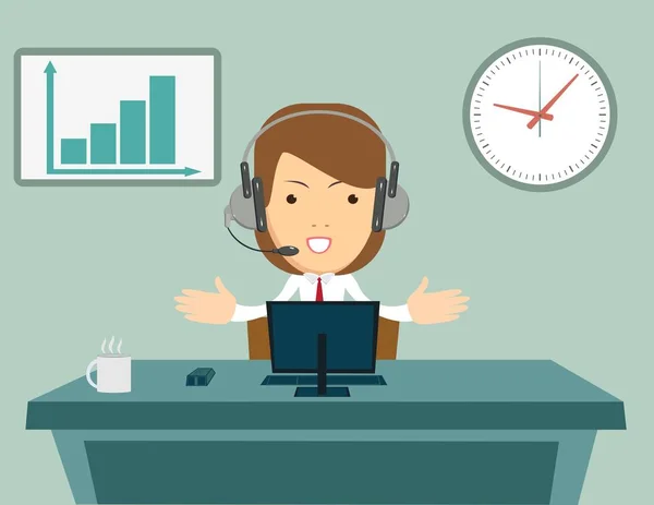Operadora feminina sorridente com fone de ouvido trabalhando no call center. Conceito de atendimento ao cliente . — Vetor de Stock