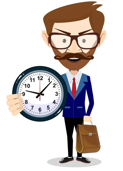 Feliz hombre de negocios sosteniendo el reloj grande. Concepto de gestión del tiempo . — Vector de stock