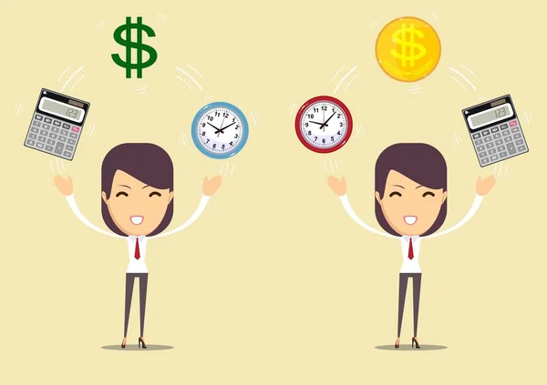 Horloge de bureau, calculatrice et argent. Le temps est un concept d'argent. Illustration vectorielle . — Image vectorielle