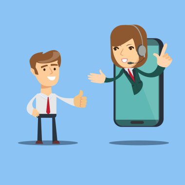 Mutlu işadamı vermek başparmak çağrı merkezi operatörü kadar akıllı telefon ekranında