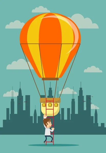 Man het beklimmen van een ladder met een luchtballon. — Stockvector