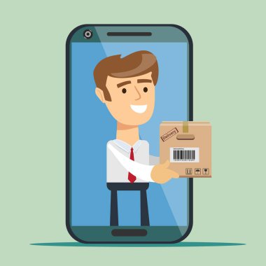 Genç adam akıllı telefon ekranında arka planda, teslim hizmet anlayışı izole karton kutu gönderme.