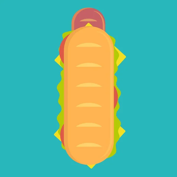 Hot dog avec grande saucisse et tomate fraîche isolée sur fond. Vue du dessus . — Image vectorielle