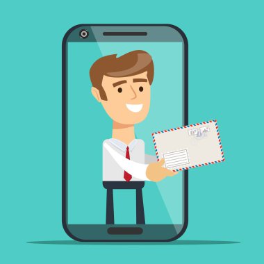 Adam akıllı telefon ekranında yeni mesaj vermek. Sonrası hizmet anlayışı. Vektör çizim düz tasarımı.