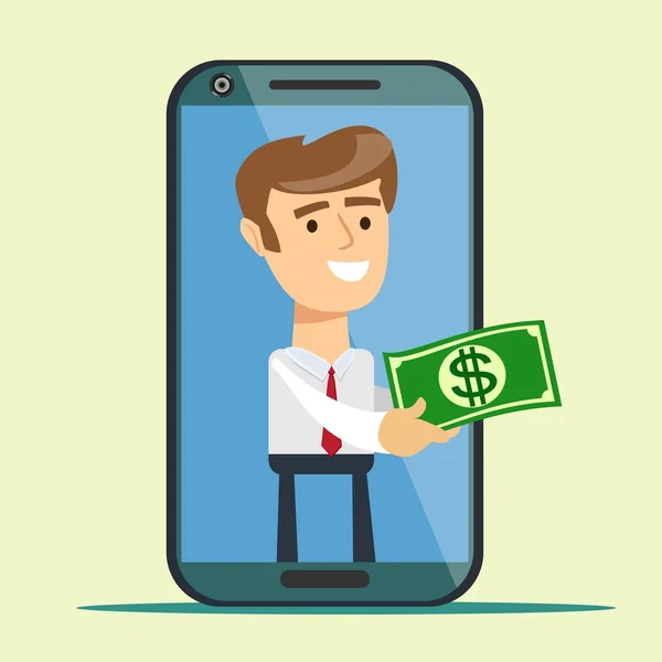 Conceito de negócio smartphone cartoon dando pilha de dinheiro para um homem de negócios —  Vetores de Stock
