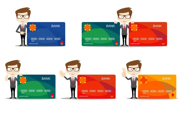 Homme d'affaires dans différentes poses avec une carte de crédit en plastique — Image vectorielle