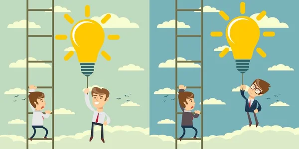 Heureux homme d'affaires tenant des ampoules d'idée comme ballon volant passer un autre homme d'affaires grimpant une échelle . — Image vectorielle