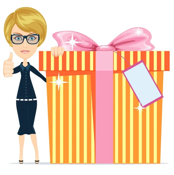 Business woman holding a big gift box for Christmas festival. Vector illustration. — Stock Vector