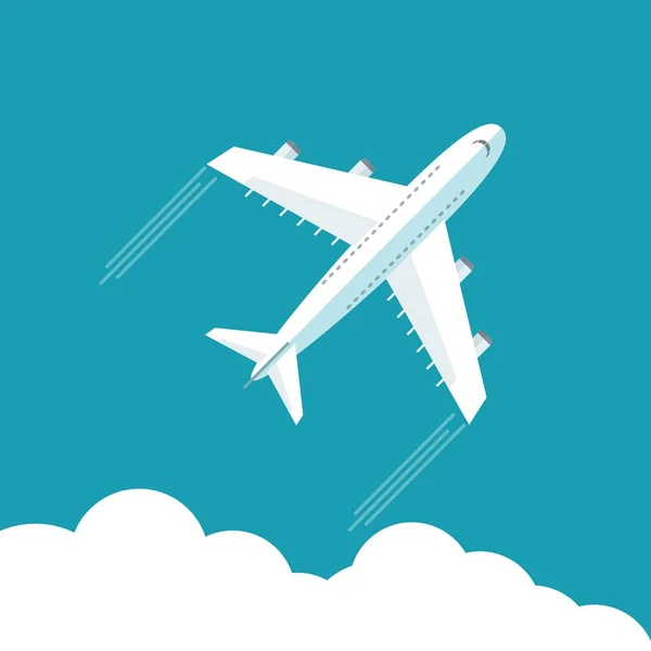 Vuele en avión sobre fondo azul cielo nuboso con área en blanco para su texto — Vector de stock