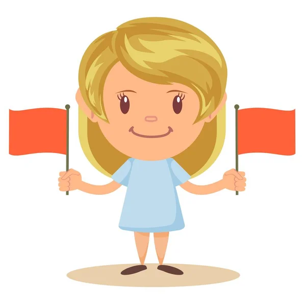 Estudante bonito escola elementar menina segurando bandeira vermelha, ilustração dos desenhos animados — Vetor de Stock