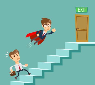 Kırmızı pelerinli uçan süper iş adamı başka bir işadamı merdiven çıkma geçmek. İş rekabet kavramı.