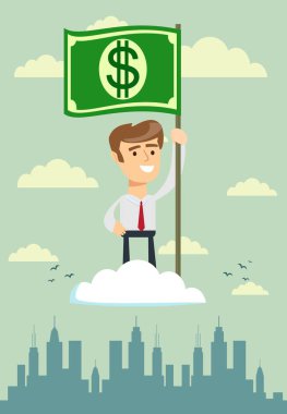 Güç para. Gururlu adam Doları bayrak üstünde belgili tanımlık bulut.