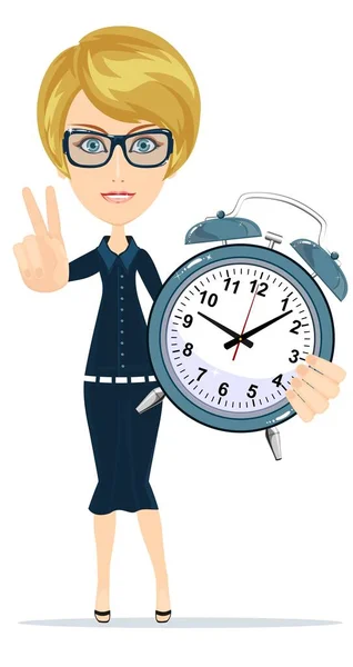Zeitmanagement Lächelnde Cartoon Geschäftsfrau Mit Wecker Die Das Zeitmanagement Symbolisiert — Stockvektor