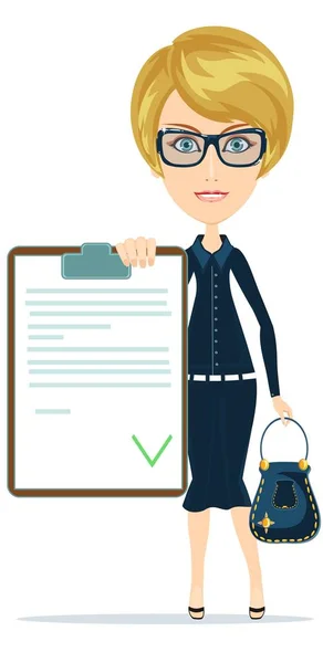 Mulher de terno, gerente ou agente mostra um documento, seguro . — Vetor de Stock