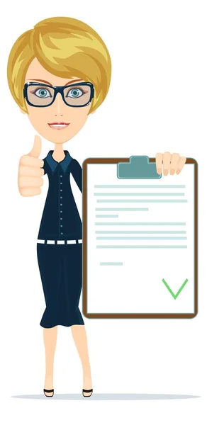 Femme en costume, manager ou agent montre un document, une assurance . — Image vectorielle