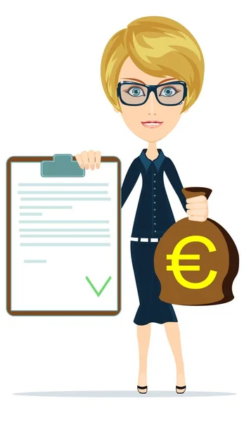 Woman shows document and money. — Stock Vector