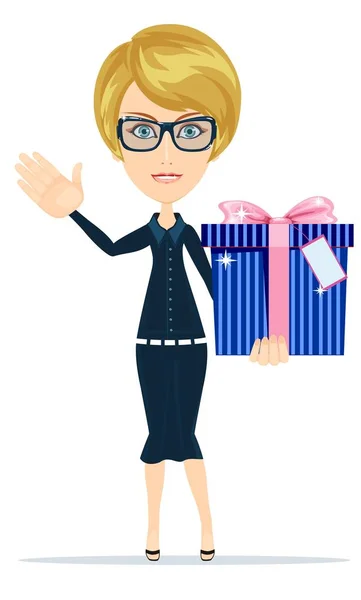 Business woman holding a big gift box for Christmas. Vector illustration. — Stock Vector