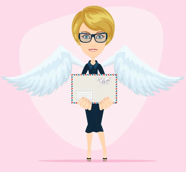 Gorgeous young woman as love angel with love letter — Stock Vector