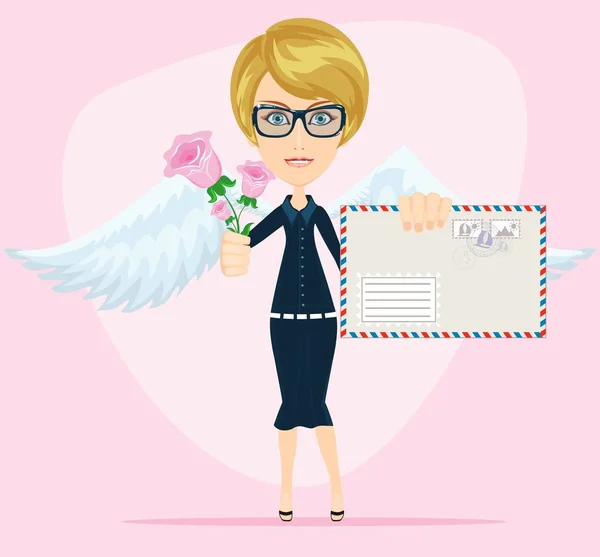 Cupido o un angelo tiene tra le mani una grande busta rosa con una lettera d'amore. Carino carattere vettoriale . — Vettoriale Stock