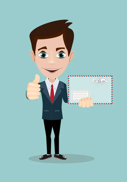 Hombre de traje formal sosteniendo un sobre con una carta . — Vector de stock